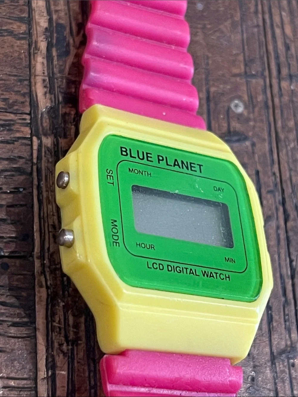Vintage Blu Planet Neon Pink Strap Yellow Case Digital Watch never used